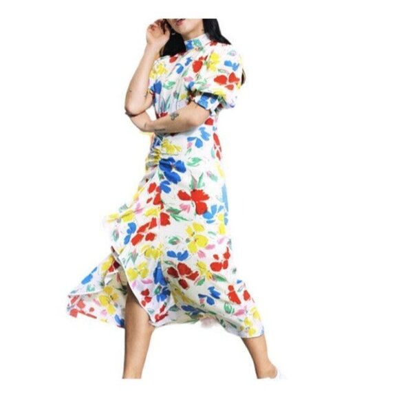 RIXO forTarget Multicolor Floral Mock Neck Cascade Ruffled Midi Casual Dress 4 - Picture 1 of 9